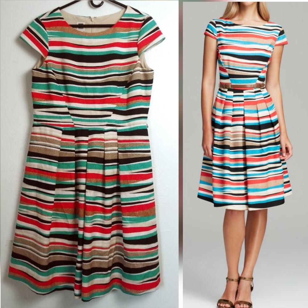 Anne Klein 14 Cream Pleated A-line  Dress Cap Sleeves Multi-Striped Fit & Flare